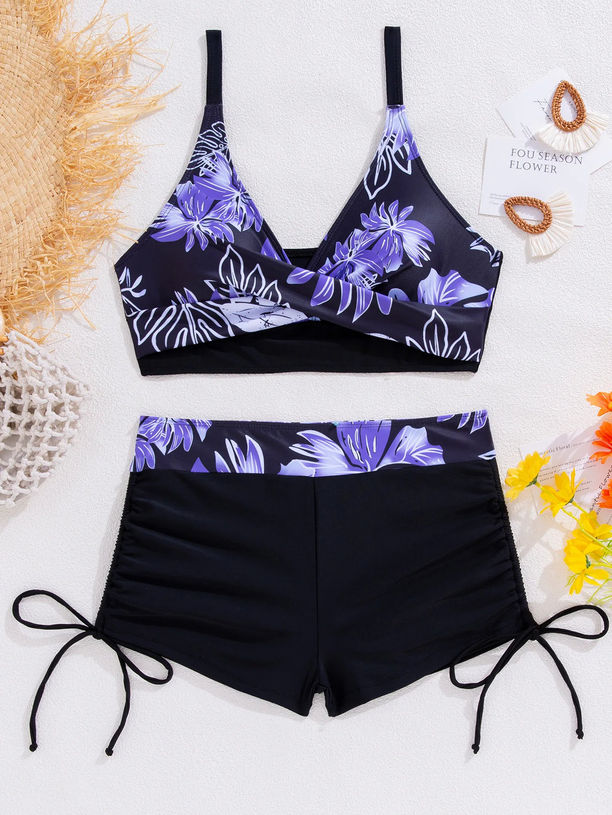 Women's Two-Piece Swimsuit Cross Strap Backless Bikini Floral Print Sports Fit Bodycon Polyester Fabric Swimming Water Sport