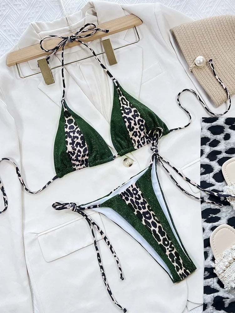 Zebra Print Halter micro Bikini 2025 women Bandeau String Swimsuit Female swimwear Neon Shiny bikini set Leopard Bathing Suit