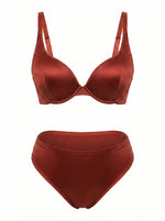 Plus Size Satin Lingerie Set Women Burnt Copper Unlined Underwire Bra and Panty Set Sexy Shiny Vacation Intimates set MR3610