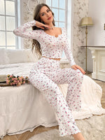 Spring Summer Sleepwear Women's Pajamas Floral Print Lettuce Trim Pajamas Set Tops and Long Trousers Loungewear Nightwear
