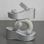Silver Chunky Platform Slippers for Women 2026 Summer Thick Bottom Wedges Sandals Woman Plus Size 45 Woven Beach Sandles Female