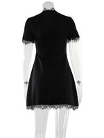Ahagaga Sexy Women's Mini Dresses Patchwork Short Sleeves Lace Hollow Out Slim Fit Trend Baisc Turtleneck Streetwear Female Robe