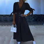 Women's Denim Long Dress Short Sleeve V-Neck Button Down Maxi Dress Casual Jean Dress for Spring Summer