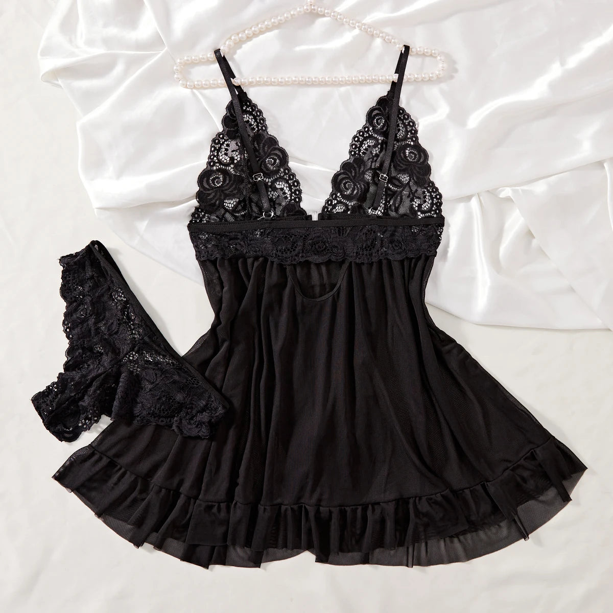 Blue Elegant Pajama Underwear Sets Transparent Lace Patchwork Bra And Panty Set Women Romantic Sleepwear Babydoll Dress Briefs