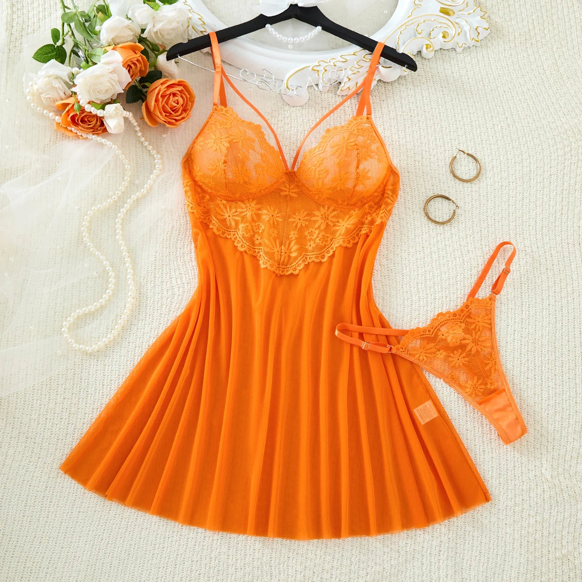 Orange Daisy Floral Lace Sheer Mesh Babydoll Lingerie Set Slip Nightdress With Matching Thong Women Sexy Sleepwear ZA825096
