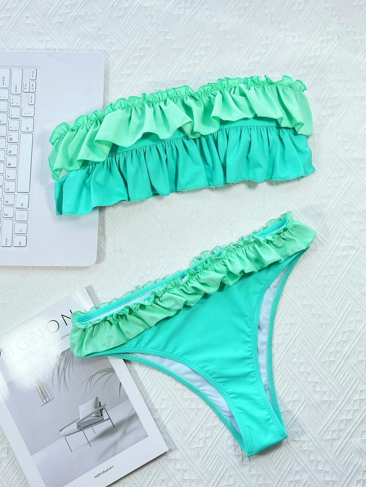 Ruffle Block Color Bikini Set Women 2026 Sexy Strapless Off-Shoulder Swimsuit Sexy High Waist Backless Bathing Suit Beachwear