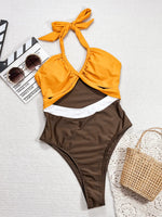 2025 New Splicing Neck Sexy Split Swimsuit Women's Fashion Beach Bikini Brazilian Monokini Swimwear Trajes De Baño Mujer