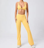 Women's Seamless Yoga Sets Brushed Fabric Flared Hip-Lifting Pants Cross Beauty Back Bra Suits Gym Workout Fitness Training Sets