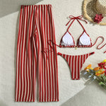 DEKA Vintage Red Striped Bikini Set Women Thong Swimwear Drawstring Long Panties 3 Piece Swimsuit Beach Holiday Bathing Suit
