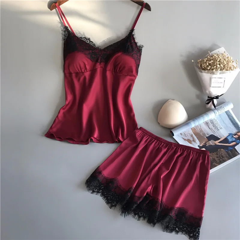 Suspenders pajama Women's Summer Sexy Ice Silk Lace Two Piece Set Home Clothes Thin Shorts V-neck Suspenders