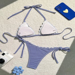 Women's Blue Stripe Print Two Piece Swimsuit Sexy Mini Triangle Cup Bra Halter Backless Bikini Set 2024 Summer Beach Swimwear