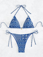 Blue Floral Print 2 Piece Micro Bikini Set for Women 2025 New Push Up Bra Thong Swimsuit Beach Bathing Suit Holiday Swimwear