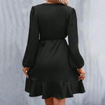 Smooth Satin Ruffle Trim Dress Women Mini Dress V-Neck Lantern Long Sleeve Side Lace-up Dress Solid Color
