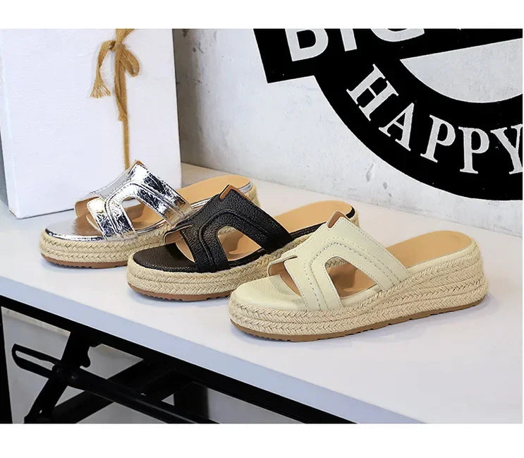 Spring 2025 Women's Slippers Hollow Out Strap Waterproof Thick Heel Woven Rope Country Style Slip-On Shoes Polyurethane Material