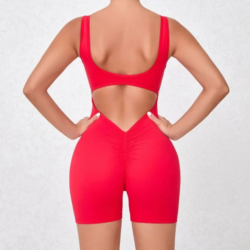Women's Seamless Yoga Jumpsuit - Quick-Dry Nude Workout Suit with V-Neck & Sexy Back, Tight Fitness Wear for Running Gym Workout