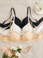 3PCS/Set Lace Trim Women Bras Solid Vertical Stripe Cup Sexy Lingerie Push Up Underwire Fashion & Daily Braet
