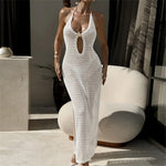 Halter Hollow Out Backless Crochet Knitted Tunic Beachwear Beach Dress Beach Wear Female Beach Cover Up Cover-ups Women V7504