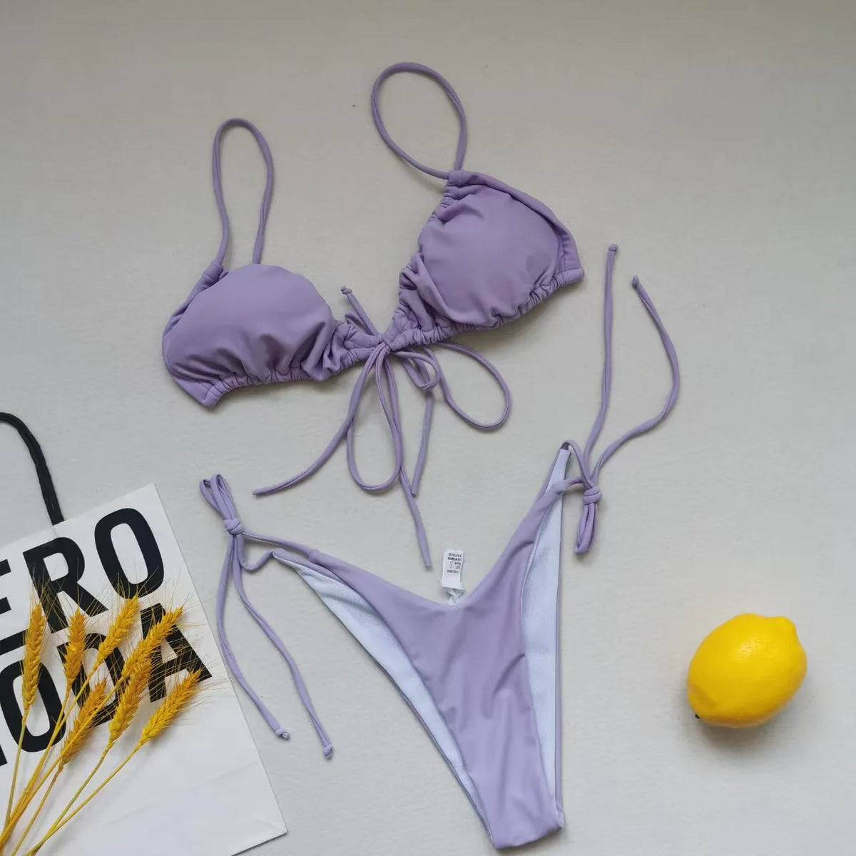 New Women's Sexy Swimsuit Loop Strap Bikini Set Double Face Plain Swimwear Lace Up Beach Clothes Swimming Pool Party Essential