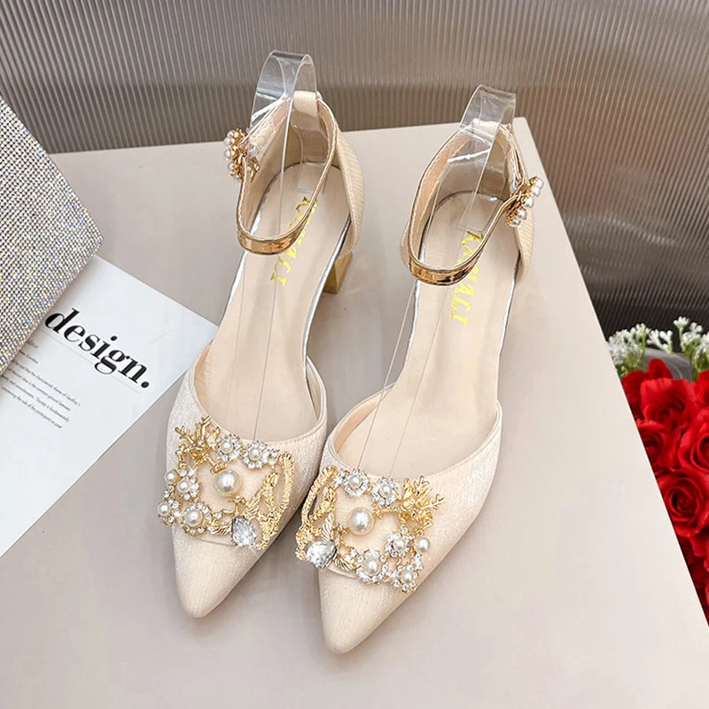 ZOKI Fashion Pearl Buckle Square Heels Pumps Women Pointed Toe Bling Crystal Party Shoes Woman Elegant Med Heels Bride Shoes
