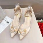 ZOKI Fashion Pearl Buckle Square Heels Pumps Women Pointed Toe Bling Crystal Party Shoes Woman Elegant Med Heels Bride Shoes