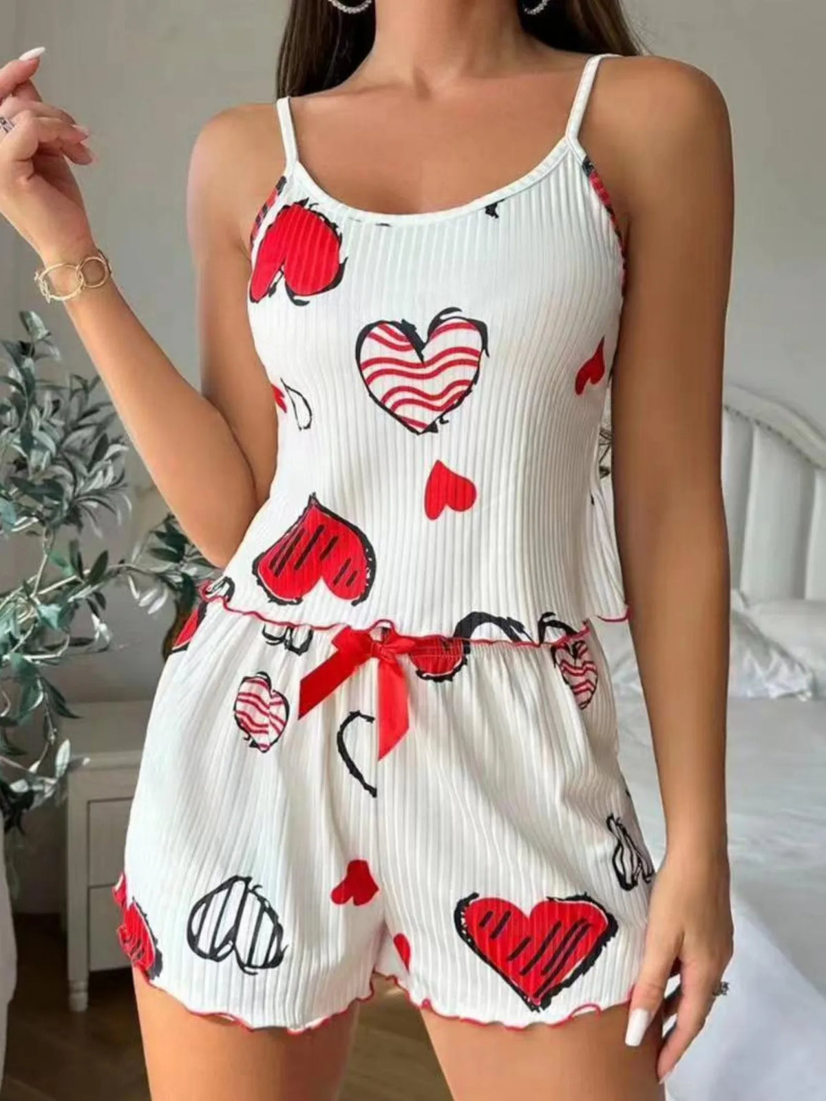 Sleepwear Women's Pajama Set Cherry Print Frill Trim Ribbed Round Neck Backless Crop Cami Top & Shorts Lounge Set