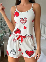 Sleepwear Women's Pajama Set Cherry Print Frill Trim Ribbed Round Neck Backless Crop Cami Top & Shorts Lounge Set