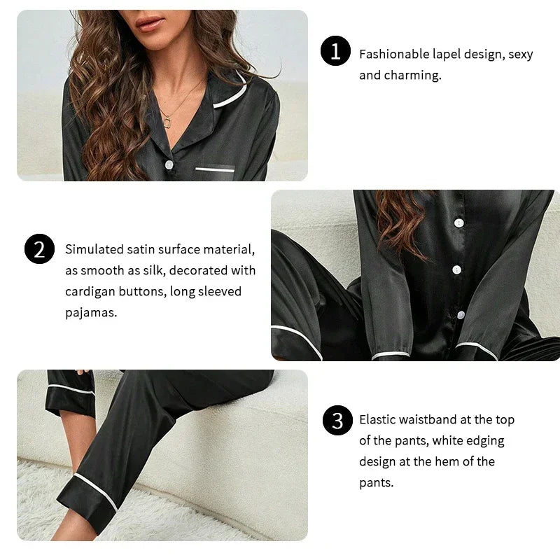Spring Autumn Silk Pajamas Set for Women Casual Soft Nightwear Tops and Pants Solid Buttons Cardigan Sleepwear Homewear