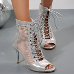 EUR Size 43 Sexy High Heels Dance Shoes Black Lace-up Thin Heeled Stiletto Ankle Boots Silver Peep Toe Summer Boots Party Shoes