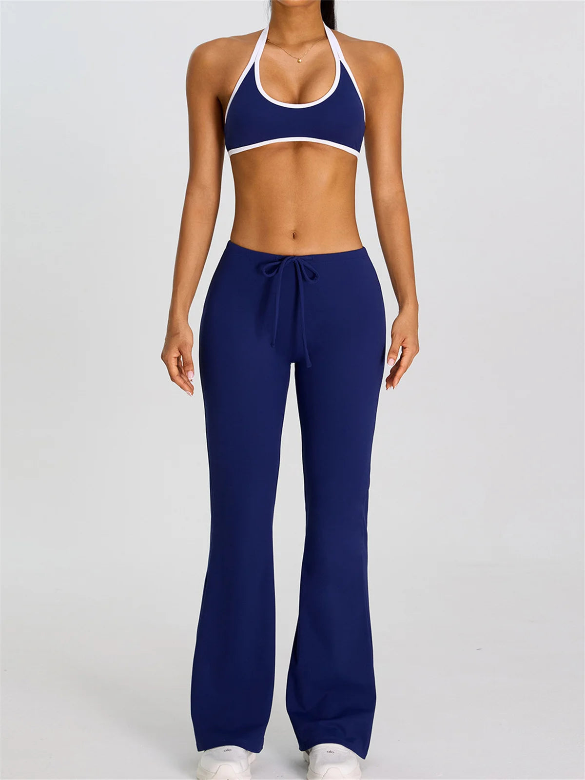 Breathable Yoga Suit for Women Color Contrast Shockproof Sports Bra Drawstring High Waist Pants Gym Running Fitness Suits