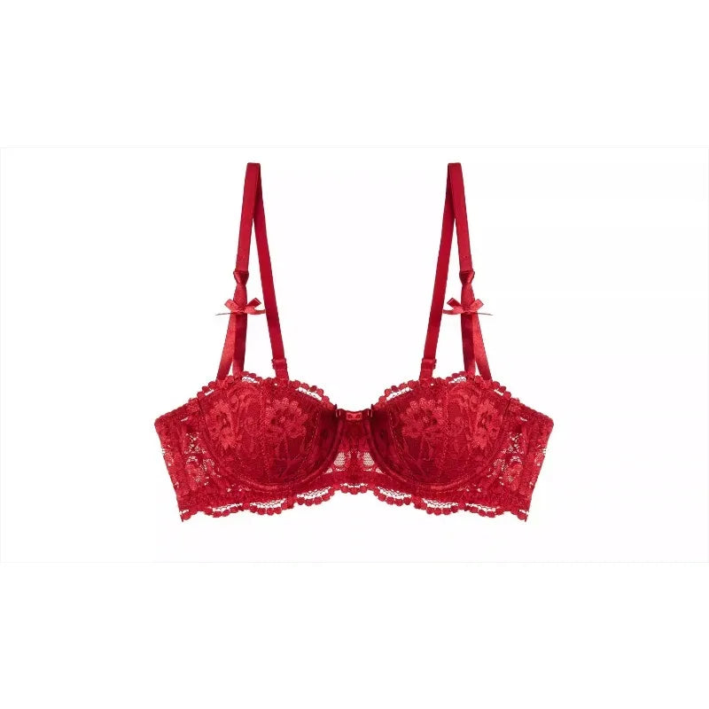 French Girl Lingerie Red Thin Hollowed Half Cup Bra SetSexy Tushy Xmas Gift Her Desire Temptation Lace Hip Out Holiday Season