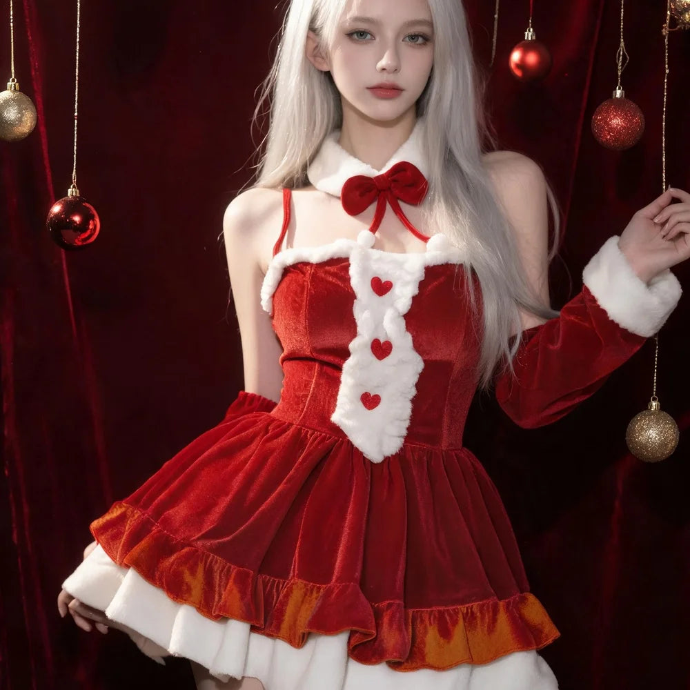 Women's Christmas Santa Mini Dress Red Ruffle Hem White Fluffy Trim Heart Detail Festive Holiday Party Costume