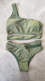 Woman 2026 Bikini One Shoulder Top Olive Green Bikinis High Waist Brief Side Cut Out Swimwear Solid Cropped Top Two Piece
