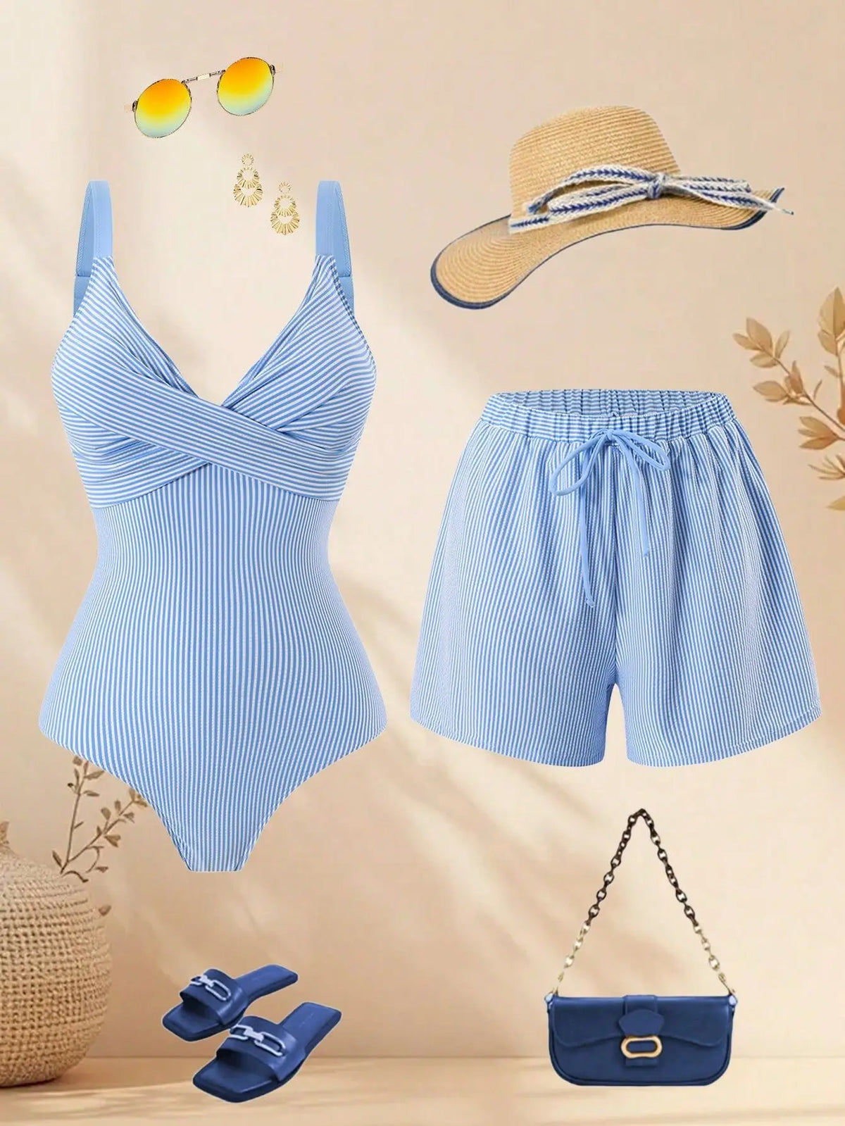 Vintage Blue Striped Swimwear Women Drawstring Shorts Sets 2026 V Neck Cross Slimming Bathing Suit Holiday One Piece Swimsuit
