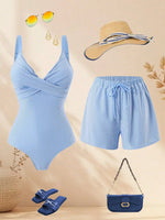 Vintage Blue Striped Swimwear Women Drawstring Shorts Sets 2026 V Neck Cross Slimming Bathing Suit Holiday One Piece Swimsuit