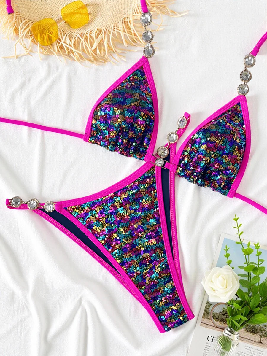 Shiny Colorful Sequins Diamond Bikini Women Swimsuit Female Swimwear Two-pieces Bikini Set Bather Bathing Suit Swim Beach Wear
