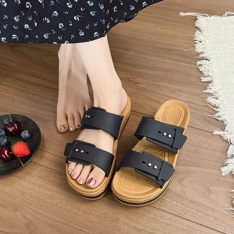 Thick Heel Sandals Women's Summer Outdoor Casual Double Buckle Beach Slippers Comfortable Lazy People Design Sensation