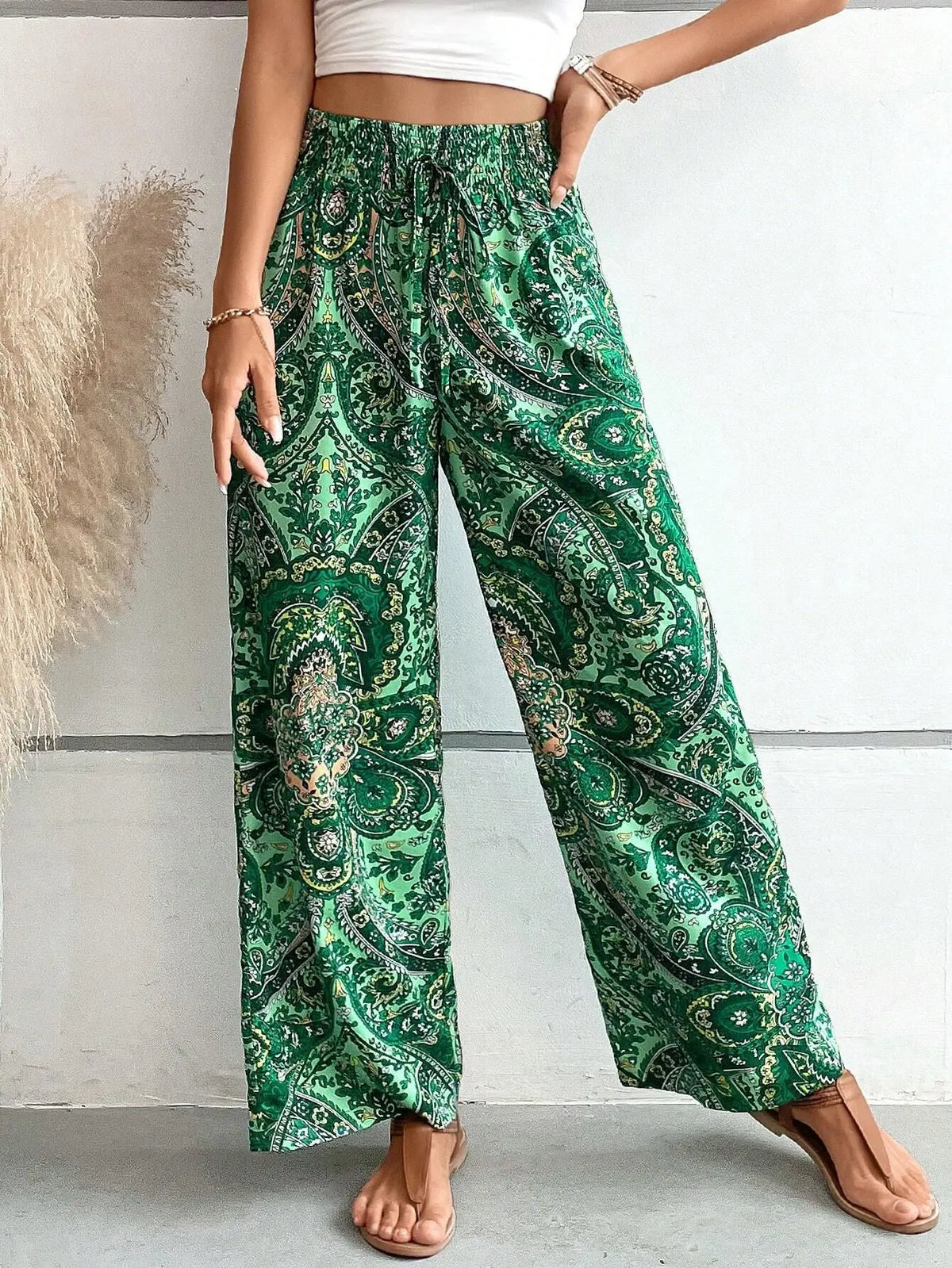Women's 2026 Summer Versatile Printed Elastic Waist Wide Leg Pants