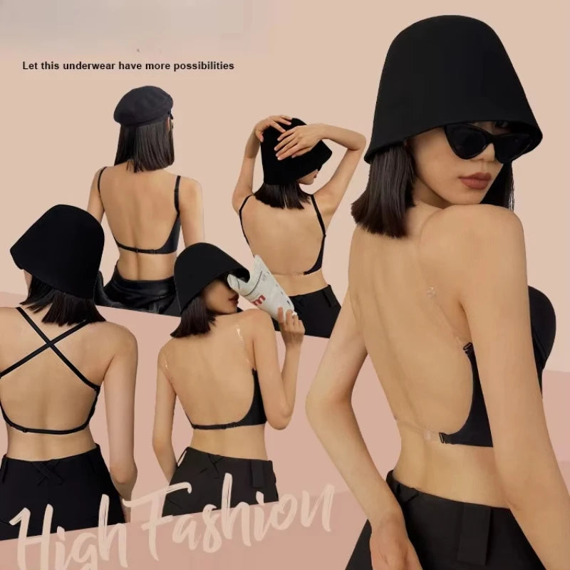 Deep U Low Cut Sexy Bra Push Up Backless Bra for Women Anti Sagging Cross Back Bras Solid Color One Piece Beauty Back Underwear
