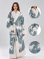 Warm Flannel Long Couples Robe Autumn Winter Color Block Lapel Funny Cartoon Print Bathrobe with Double Pockets Loungewear