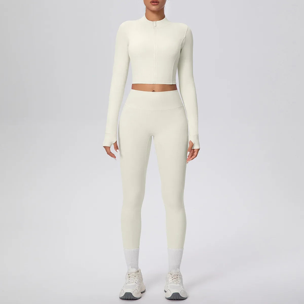 New Women Yoga Set Solid Color Double-Sided Brushed Bare Feel Short Long-Sleeve Jacket Tight Pants Running Fitness 2-Piece Set
