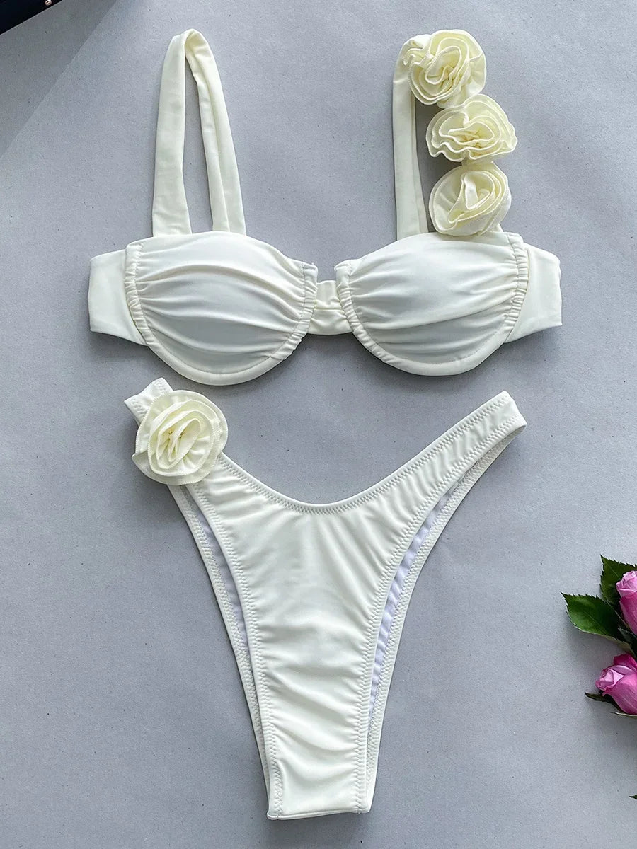 3D Flowers Underwired Brazilian Bikini Women Thong Swimwear Female Swimsuit Two-pieces Bikini Set Push Up Bathing Suit Swim