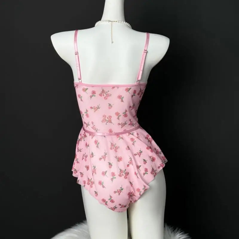 Sexy Hollow Women Bodysuit French Lace Ultra Thin Pink Printed Fabric Lingerie Summer Mesh Breathable Onesies Ladies Exotic Sets