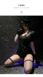 Sexy Cosplay Policewoman Midnight Uniform SM Zipper Bodysuits Solid Color Deep V Short Sleeved Wrap Hip Bodysuits Charming K0JQ