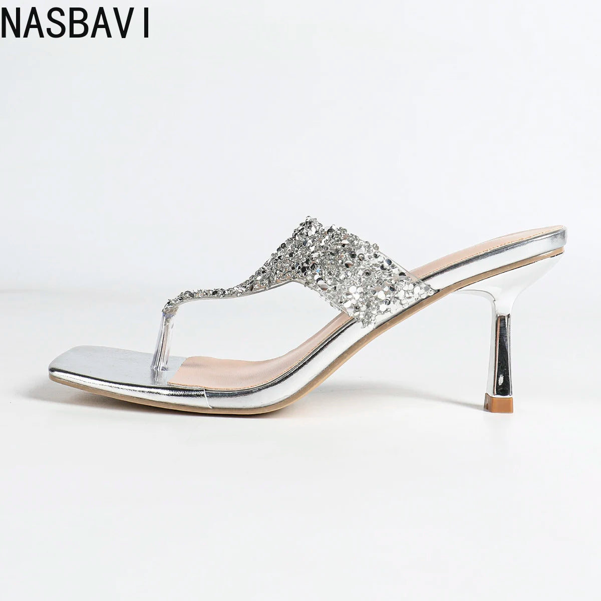 NASBAVI 7cm Thin-heeled Flip-flops for Summer, Shiny Rhinestones, Square-toed, Open-toed, Hermeted Casual Outerwear for Women