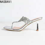 NASBAVI 7cm Thin-heeled Flip-flops for Summer, Shiny Rhinestones, Square-toed, Open-toed, Hermeted Casual Outerwear for Women