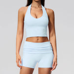 2PCS Yoga Set Women V-neck Cross Neck Shock-absorbing Sports Vest Workout Pleate Flip High Waist Shorts Gym Runing Fitness Suits