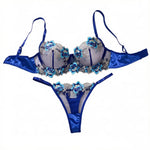 Royal Blue Floral Embroidery Satin Mesh Lingerie Set Underwire Bra With Matching Thong Women Sexy Intimates ZA825146
