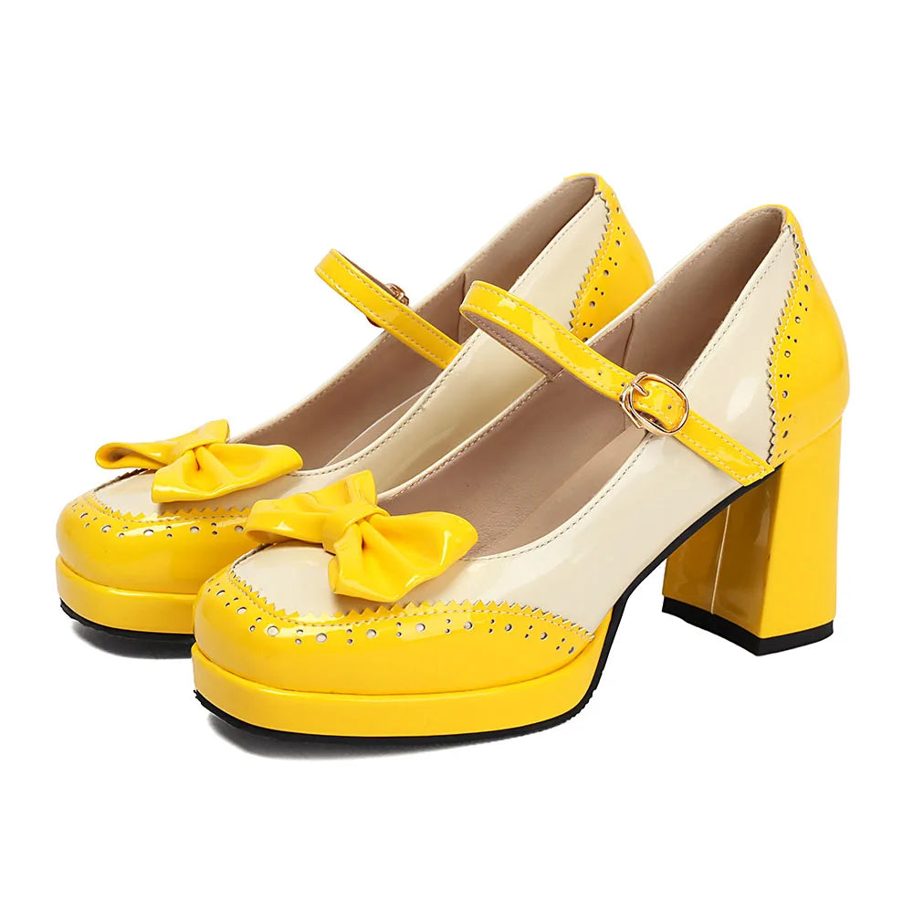 Plus Size 32-48 Sweet Lolita Patent Leather Mary Jane Shoes Women Gothic Square Toe Bow Tie Platform Chunky Heels Brogue Pumps