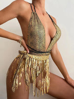 DEKA V Neck Tassel One Piece Swimsuit Women Sexy Backless Swimwear Sequins Fringe Shiny High Waist Bikini Beach Bathing Suit