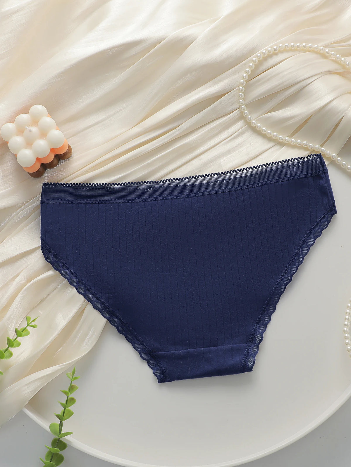 Women Ribbed Cotton Briefs Lace Trim Mid Waist Panties Soft Breathable Rhinestone Star Decor Ladies Daily Basic Underwear W134